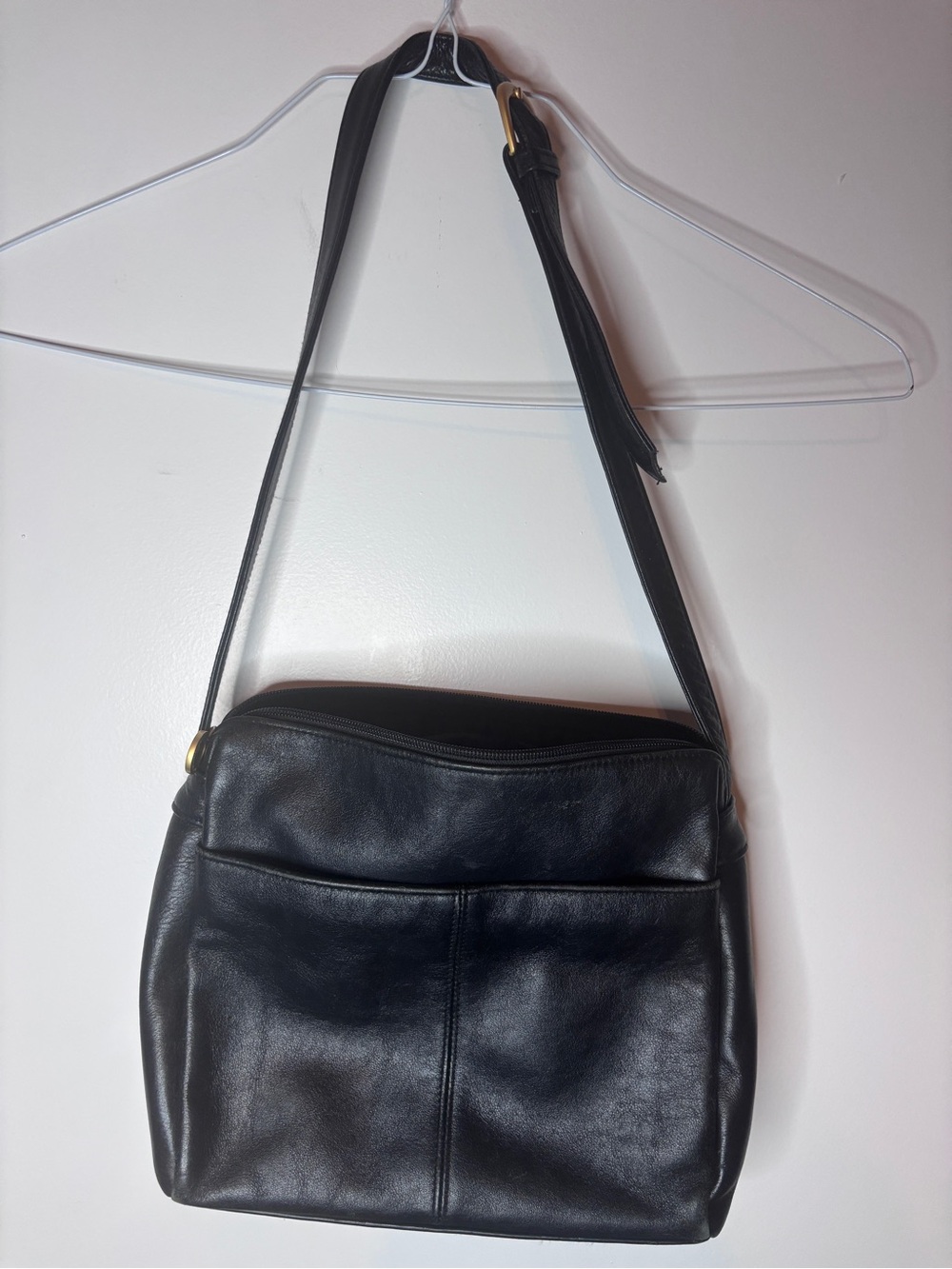 Stone Mountain Black Leather Shoulder Bag with Gold Hardware